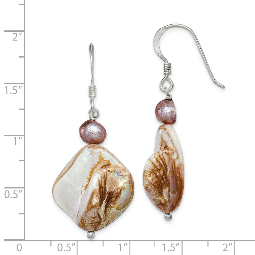 Sterling Silver Polished Brown Mother Of Pearl And Freshwater Cultured Dangle Earrings
