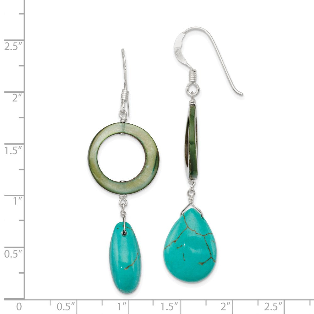 Sterling Silver Dyed Blue Howlite & Green Mother Of Pearl Dangle Earrings