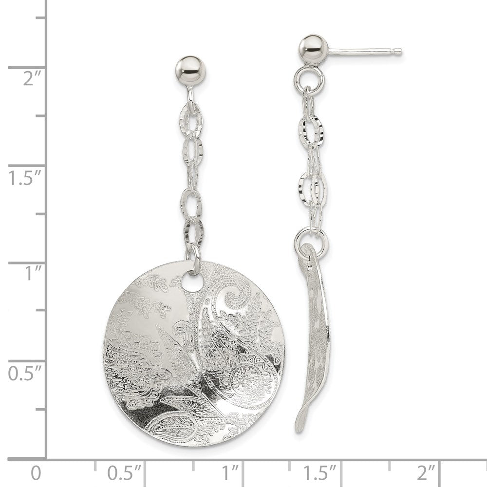 Sterling Silver Polished & Textured Fancy Circle Post Dangle Earrings