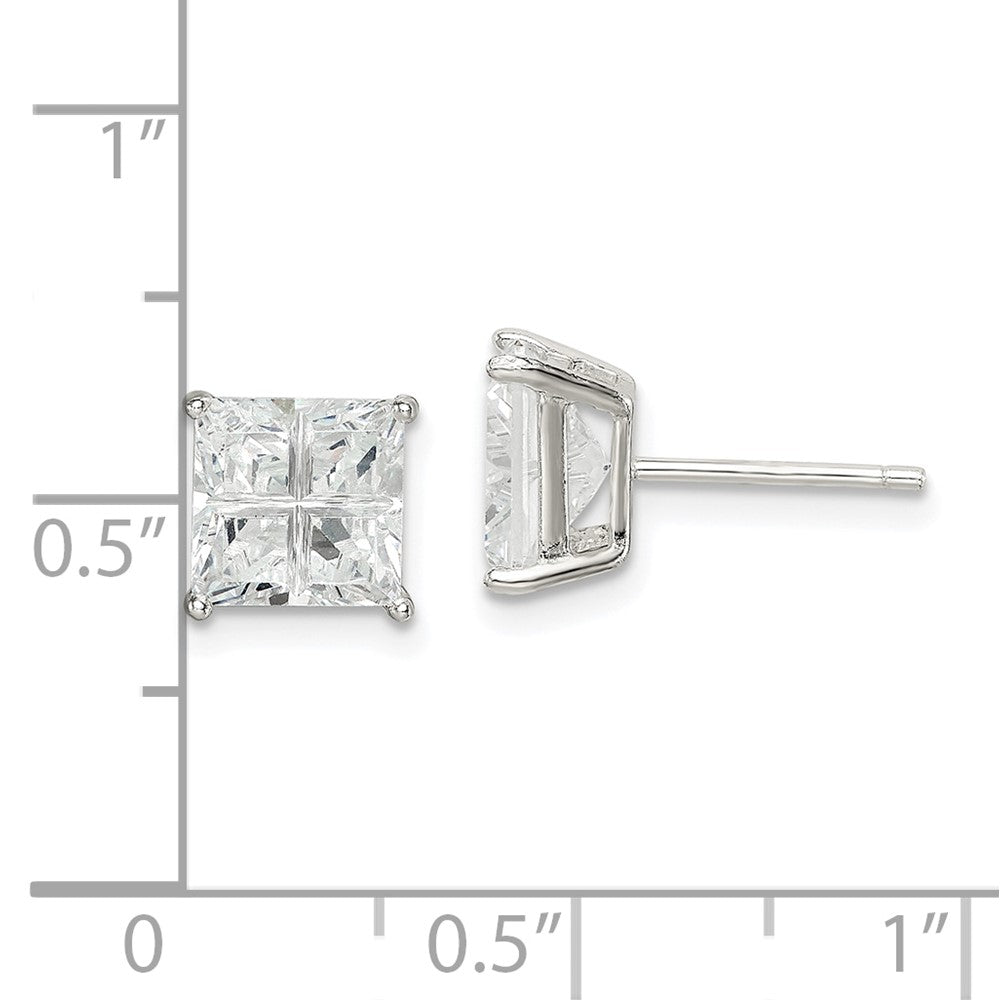 Sterling Silver 7mm Square Cross-Cut Cz Basket Set Stud Earrings