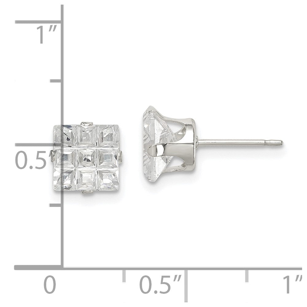 Sterling Silver 7mm Square Snap Set Laser-Cut Cz Stud Earrings