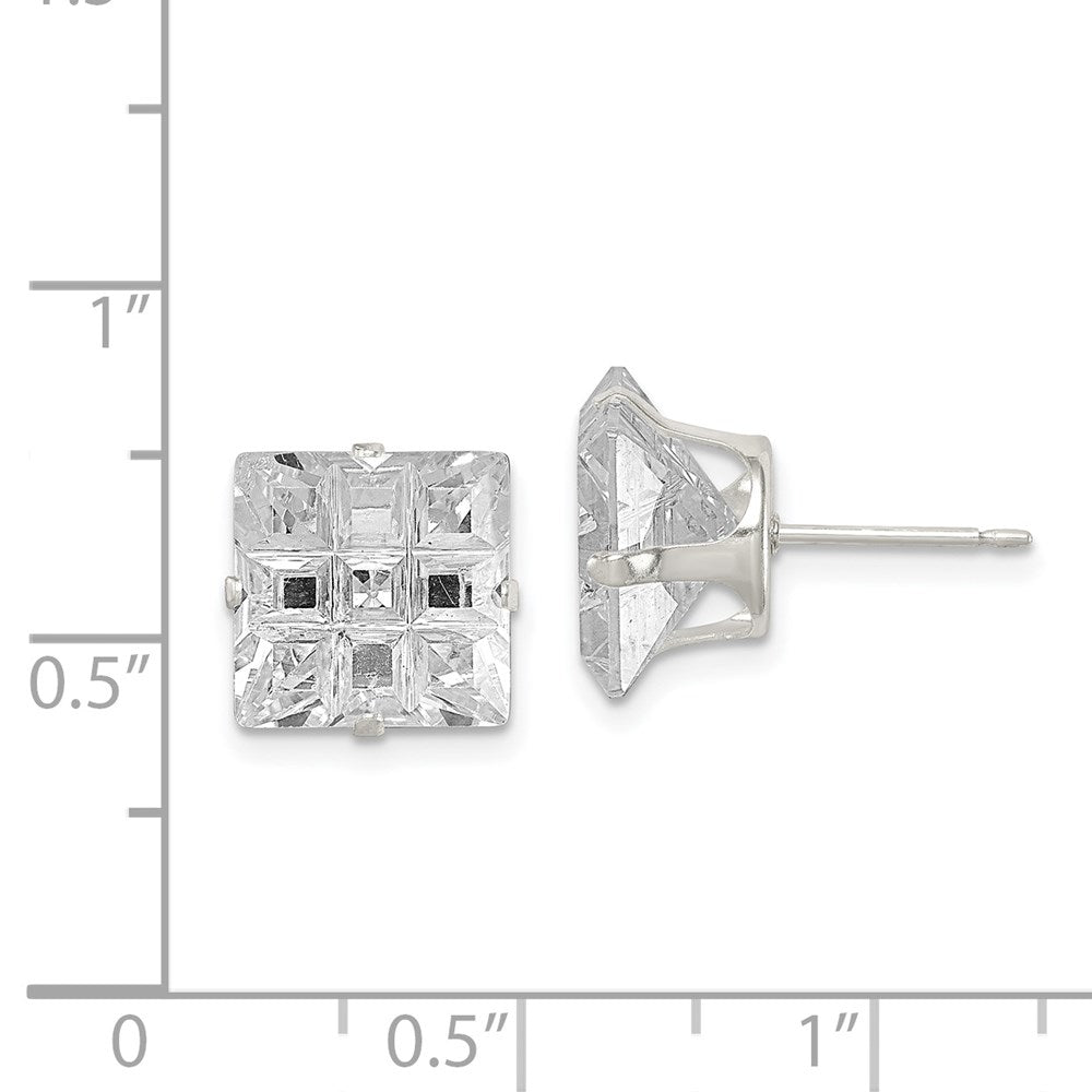 Sterling Silver 10mm Square Snap Set Laser-Cut Cz Stud Earrings