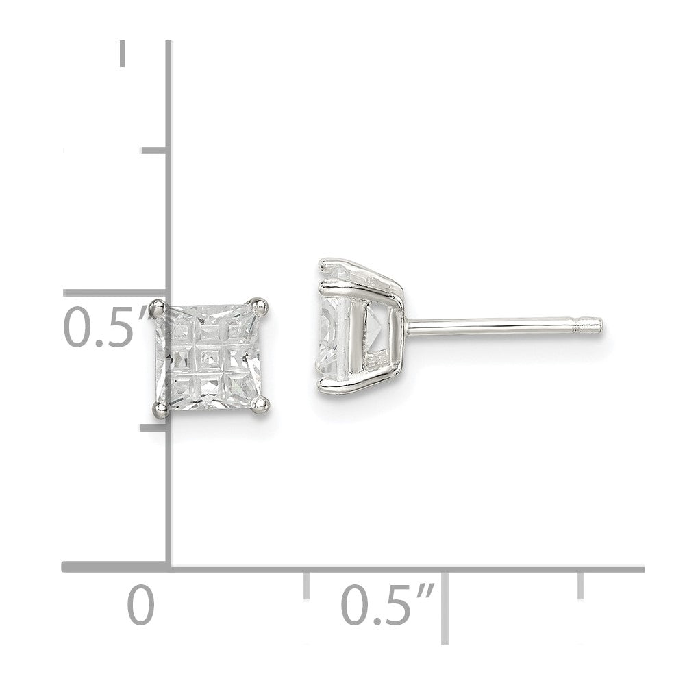 Sterling Silver 5mm Square Laser-Cut Cz Basket Set Stud Earrings