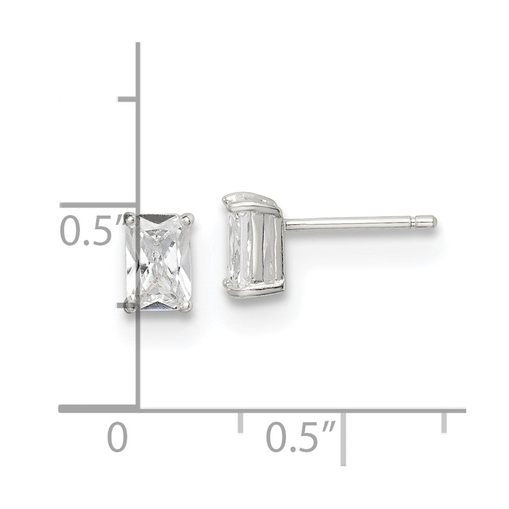 Sterling Silver Polished Emerald-Cut 6X4mm Basket Set Cz Stud Earrings