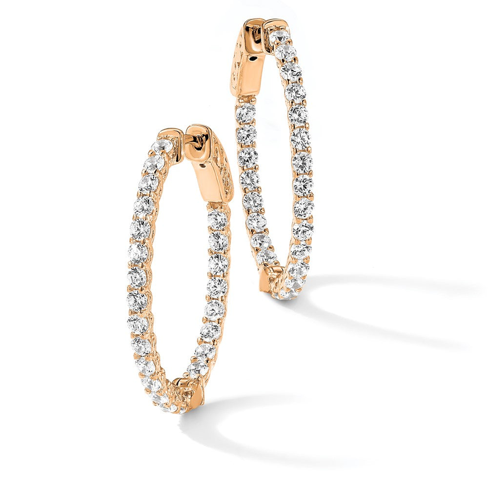 Sterling Silver Shimmer Rose-Tone Flash Rose Gold-Plated 46 Stone 2.25mm Cz In And Out Oval Hinged Hoop Earrings
