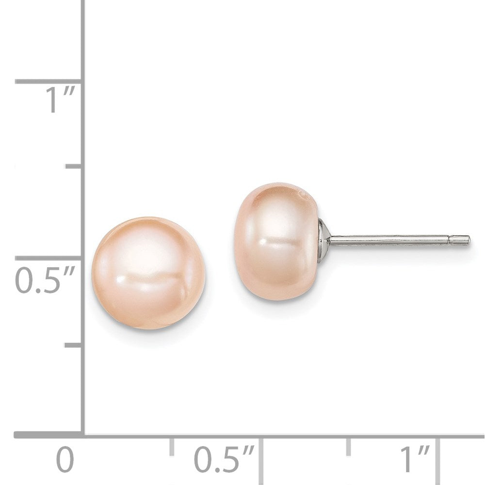 Sterling Silver Rh-Plated 8-9mm Pink Fw Cultured Button Pearl Stud Earrings