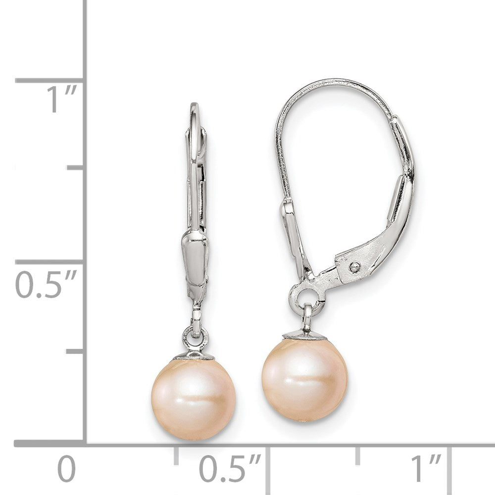 Sterling Silver Rhodium-Plated Polished Pink 6-7mm Freshwater Cultured Pearl Leverback Dangle Earrings