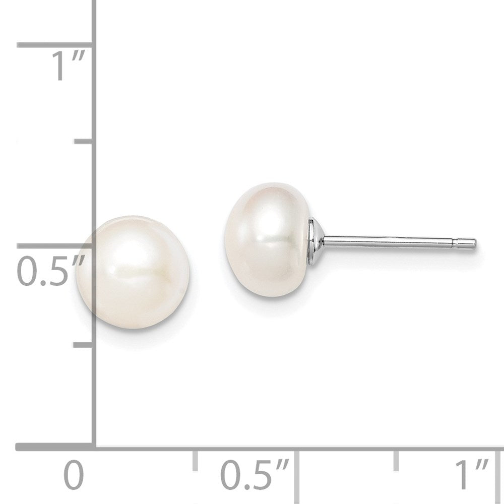 Sterling Silver Rh-Plated 7-8mm White Fw Cultured Button Pearl Stud Earring