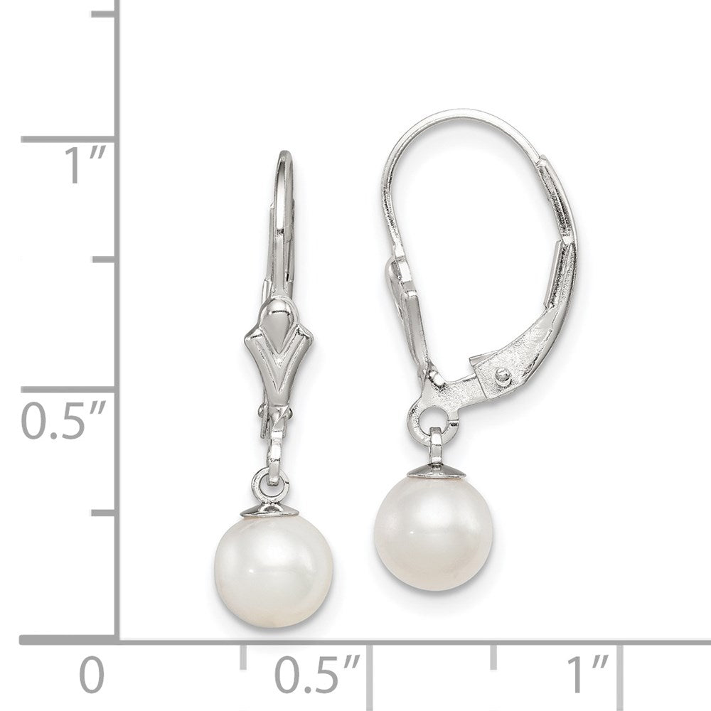 Sterling Silver Rhodium-Plated Polished White 6-7mm Freshwater Cultured Pearl Leverback Dangle Earrings