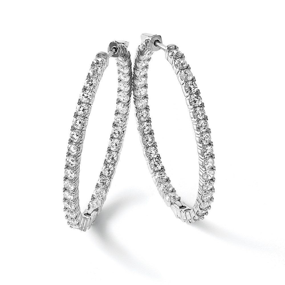 Sterling Silver Shimmer Rhodium-Plated 66 Stone 3.0mm Cz In And Out Oval Hinged Hoop Earrings