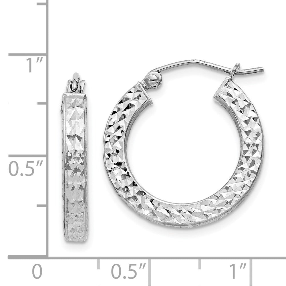Sterling Silver Rhodium-Plated Diamond-Cut 3X20mm Square Tube Hoop Earrings