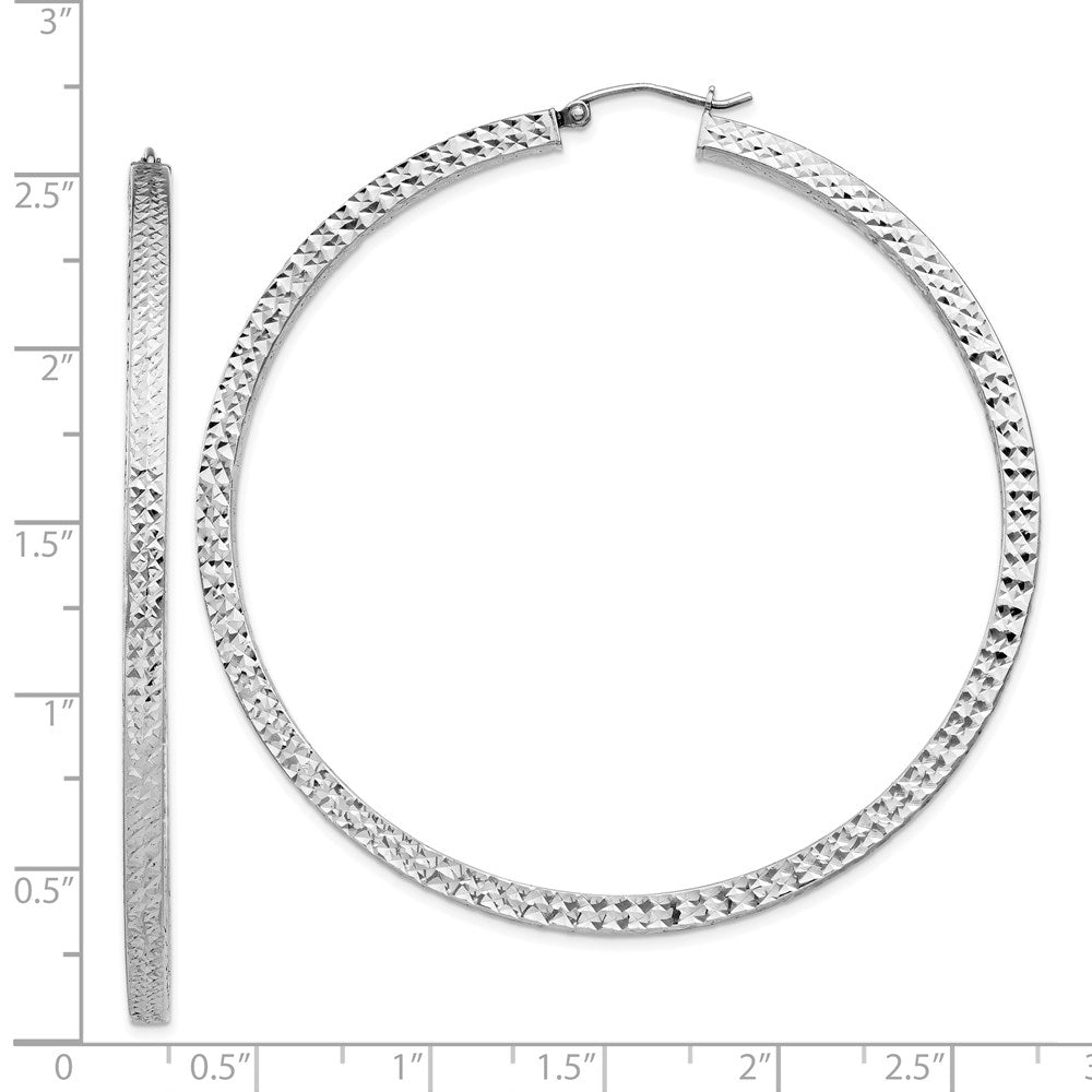 Sterling Silver Rhodium-Plated Diamond-Cut 3X65mm Square Tube Hoop Earrings