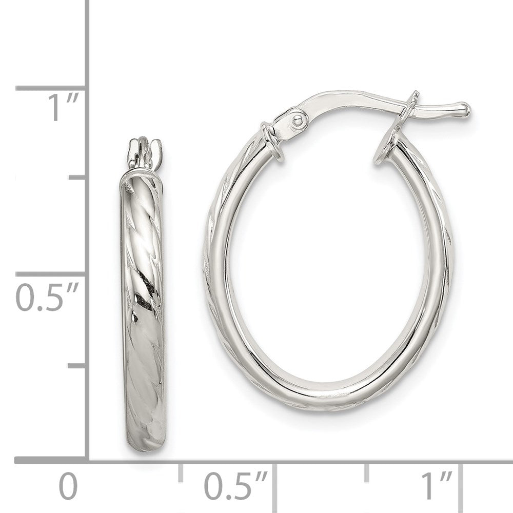 Sterling Silver Rhod-Plated Textured 3mm Hollow Oval Hoop Earrings