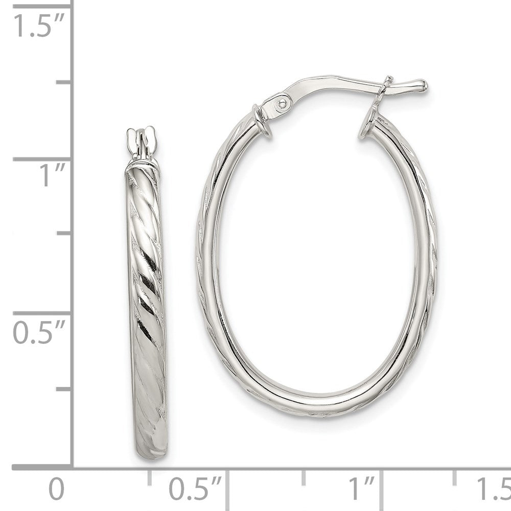Sterling Silver Rhod-Plated Textured 3mm Hollow Oval Hoop Earrings