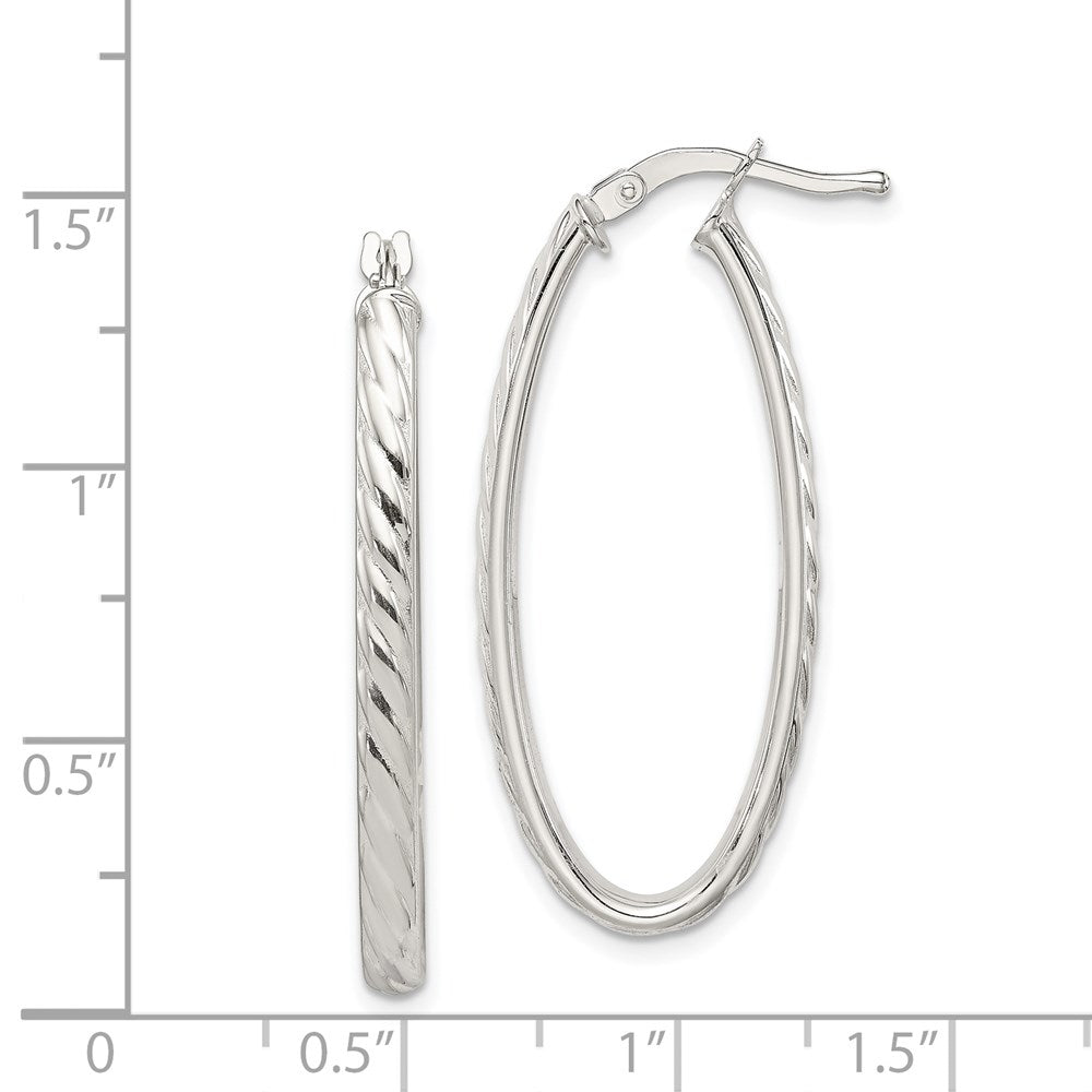 Sterling Silver Rhod-Plated Textured 3mm Hollow Oval Hoop Earrings