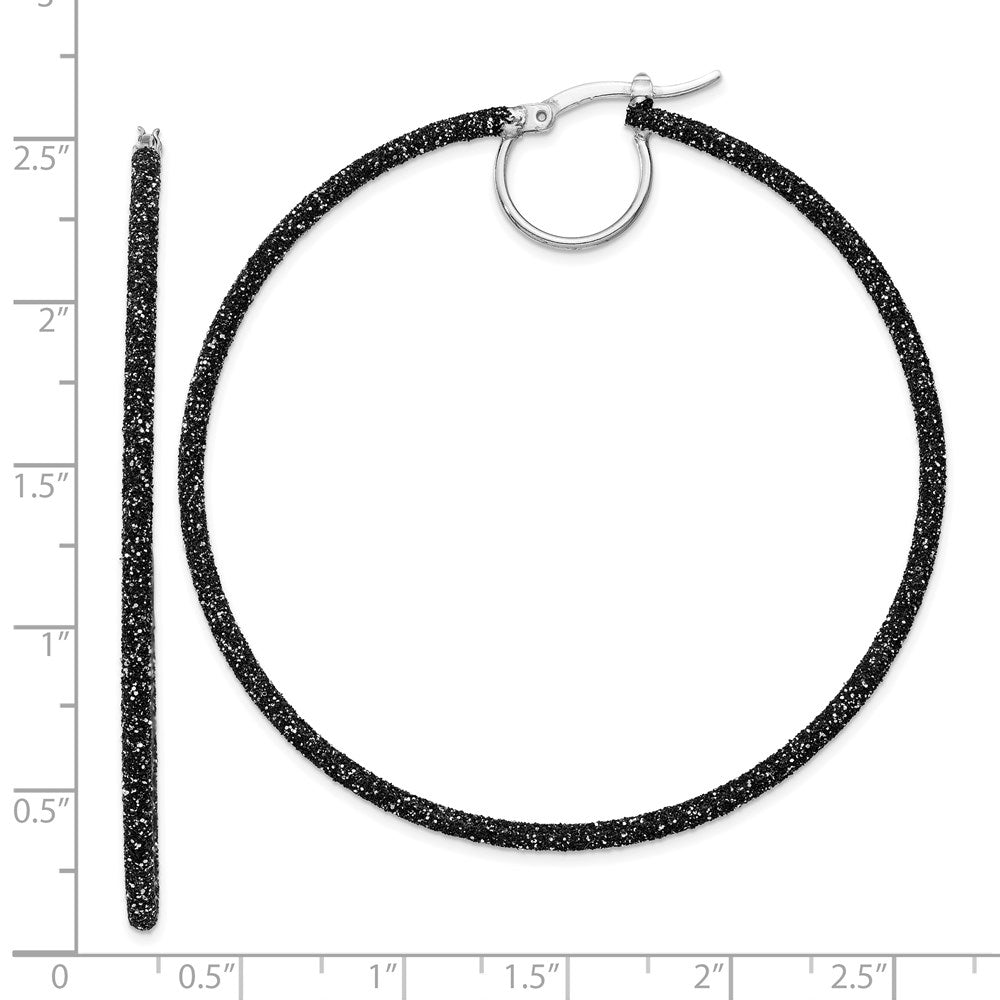 Sterling Silver Rhodium/Black Glitter Enamel 2X55mm Hoop Earrings