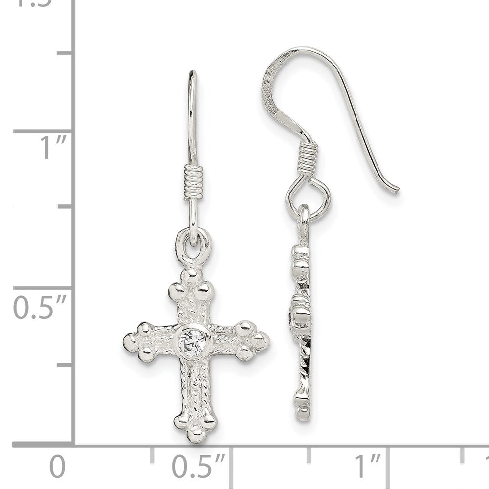 Sterling Silver Polished & Textured Cz Budded Cross Dangle Earrings