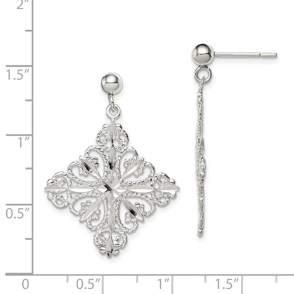 Sterling Silver Polished & Diamond-Cut Filigree Square Post Dangle Earrings