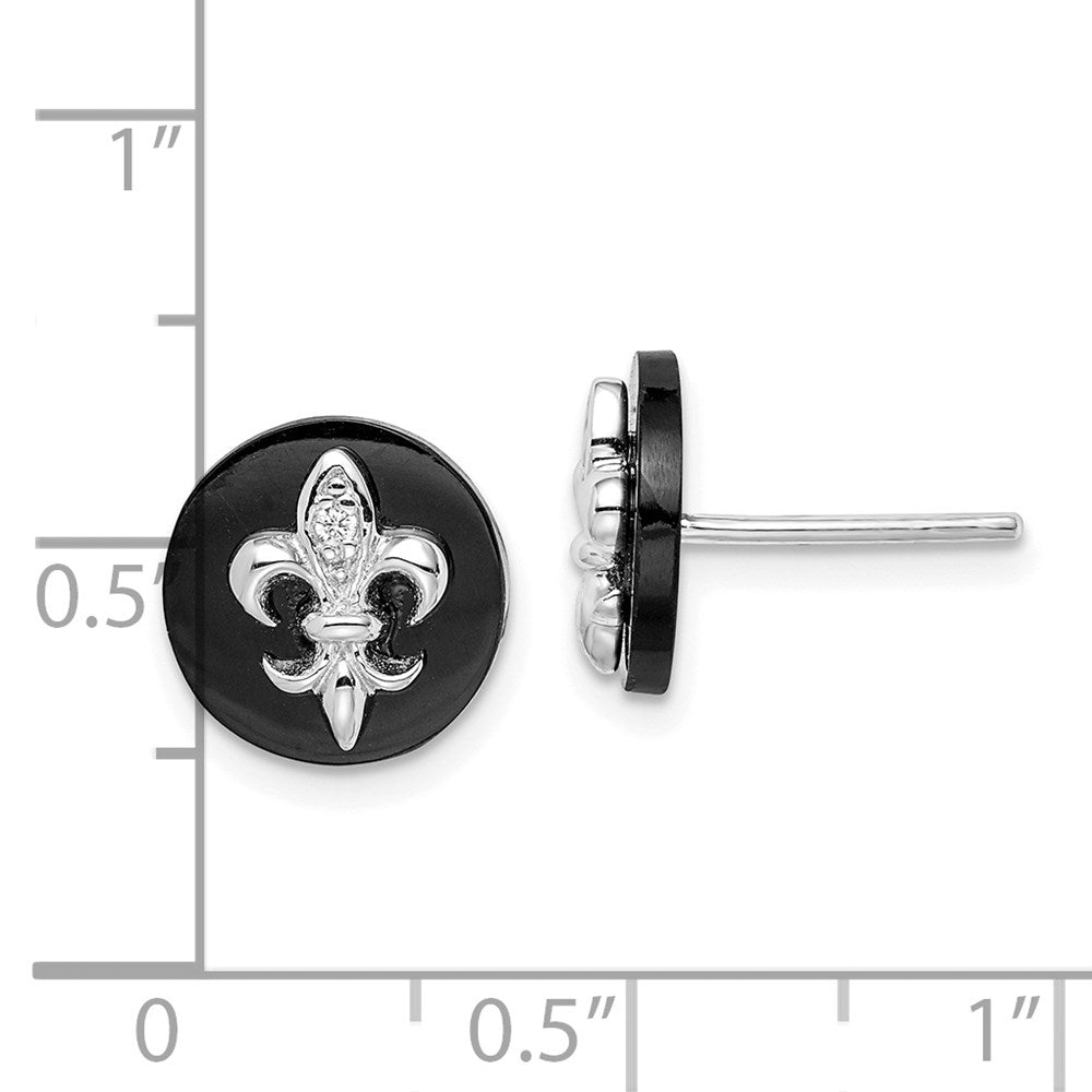 Sterling Silver Rhodium-Plated Cz Fleur De Lis Onyx Circle Stud Earrings