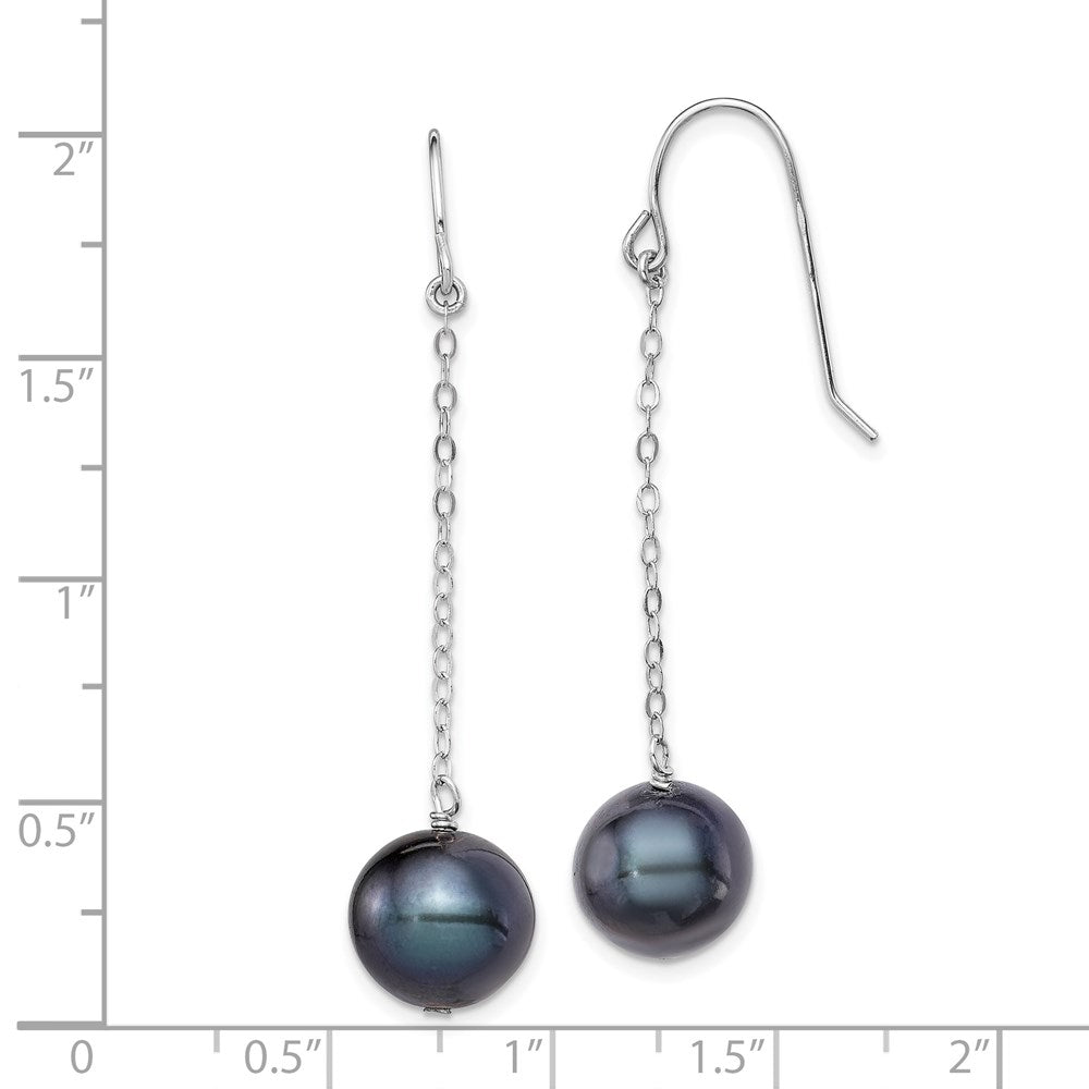 Sterling Silver Rhodium-Plated Polished 9-10mm Black Freshwater Cultured Pearl Dangle Earrings