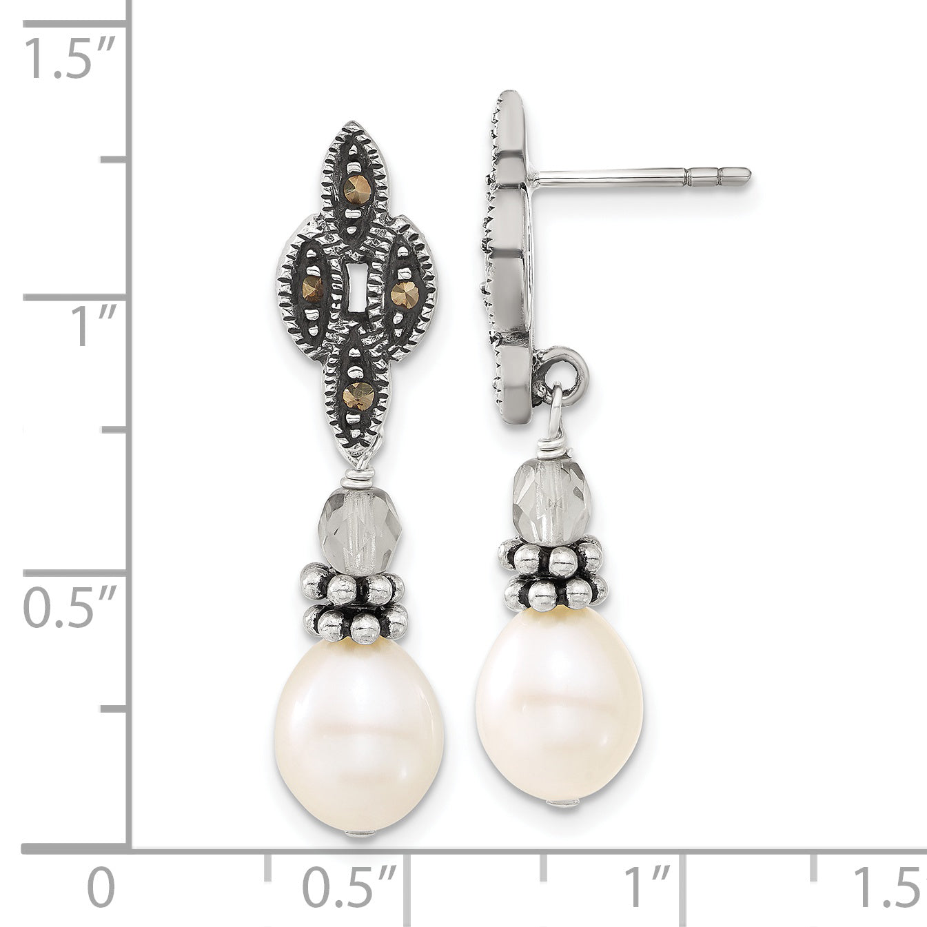 Sterling Silver Polished & Antiqued Crystal, Marcasite Fw Cultured Pearl Post Dangle Earrings