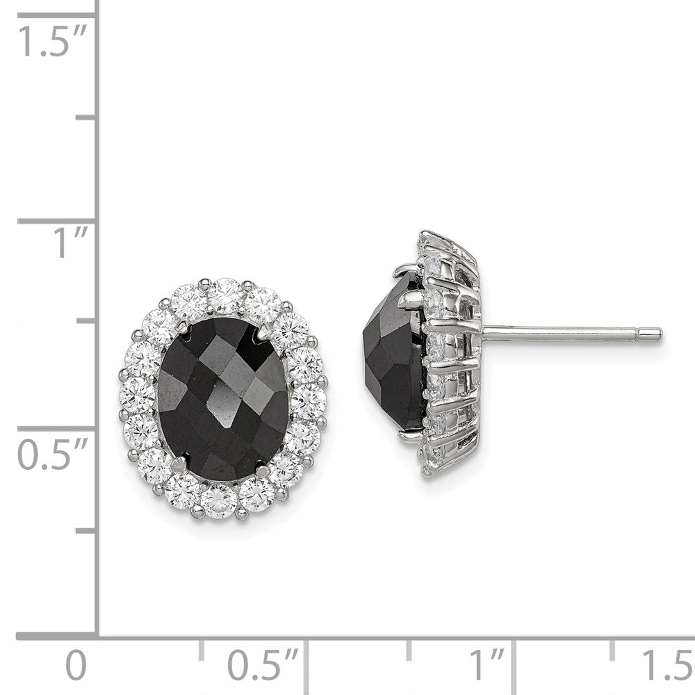 Sterling Silver Rhod-Plated Black/Clear Cz Oval Halo Post Earrings