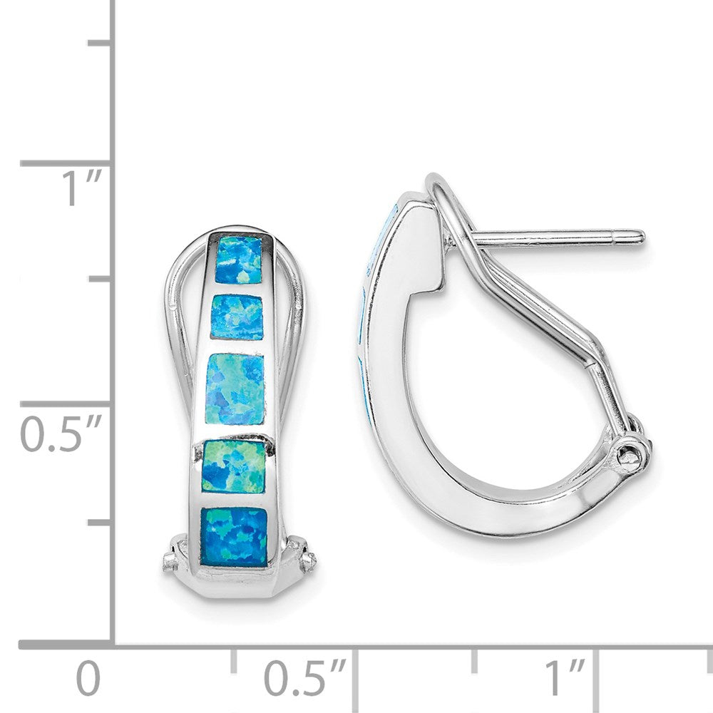 Sterling Silver Rhodium-Plated Polished Blue Created Opal Inlay J-Hoop Earrings