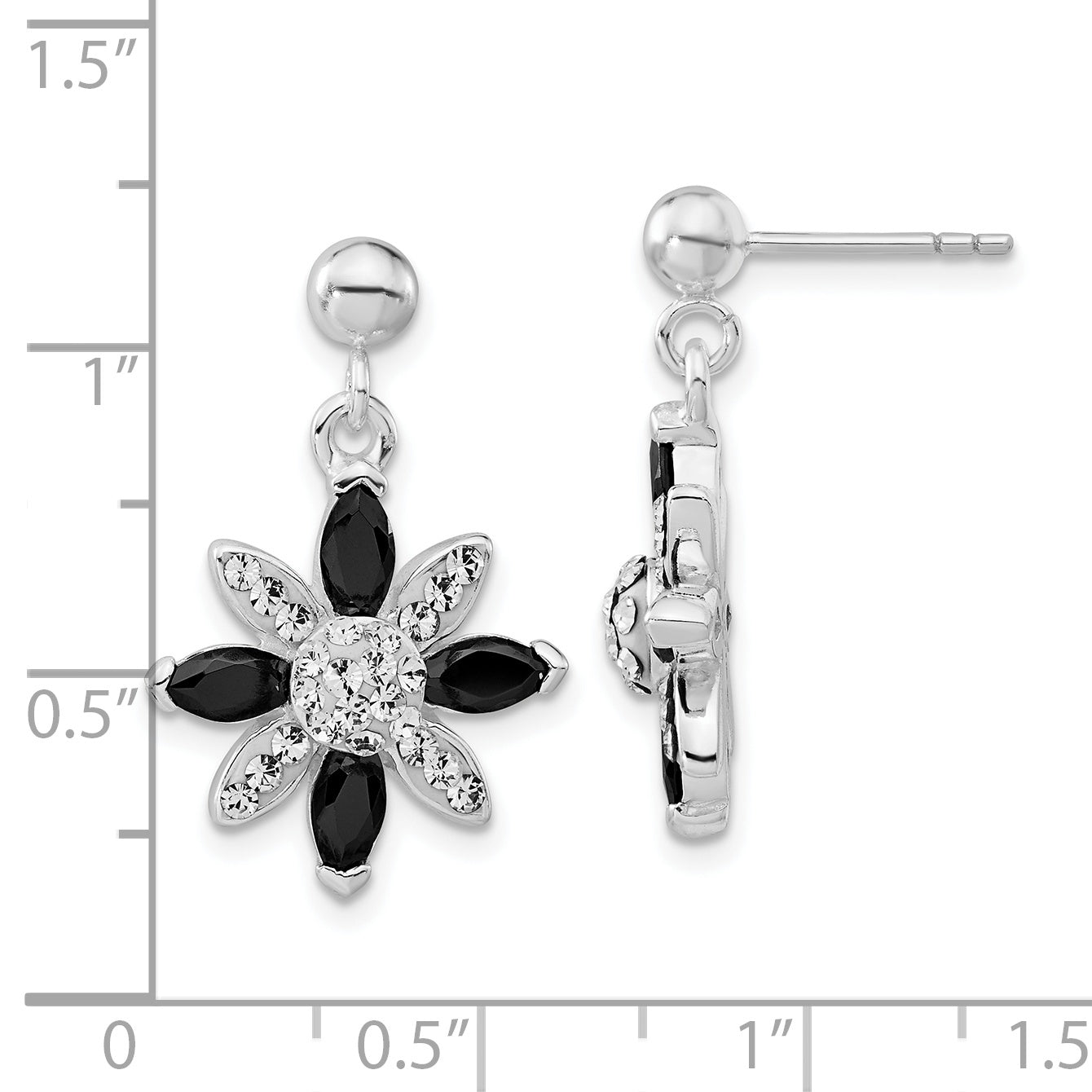 Sterling Silver Black Cz & Stellux Crystal Flower Post Dangle Earrings