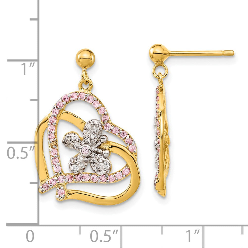 Sterling Silver & Flash Gold-Plated Pink Clear Cz Butterfly Heart Post Dangle Earrings