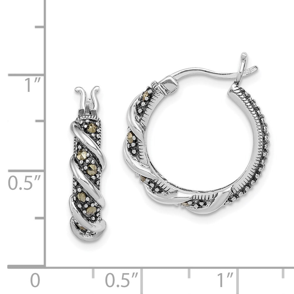 Sterling Silver Rhodium-Plated Antiqued Swirl Hoop Marcasite Earrings