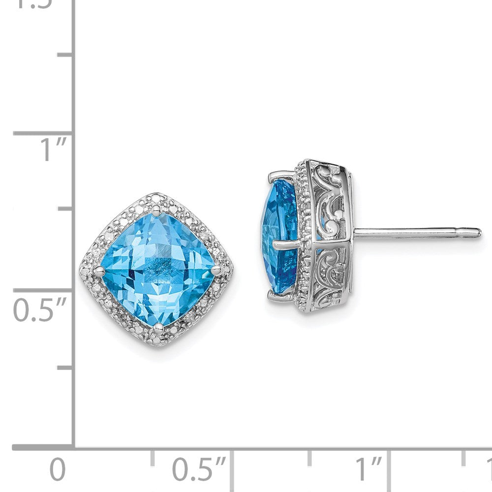 Sterling Silver Rhodium-Plated Blue Topaz And Diamond Earrings