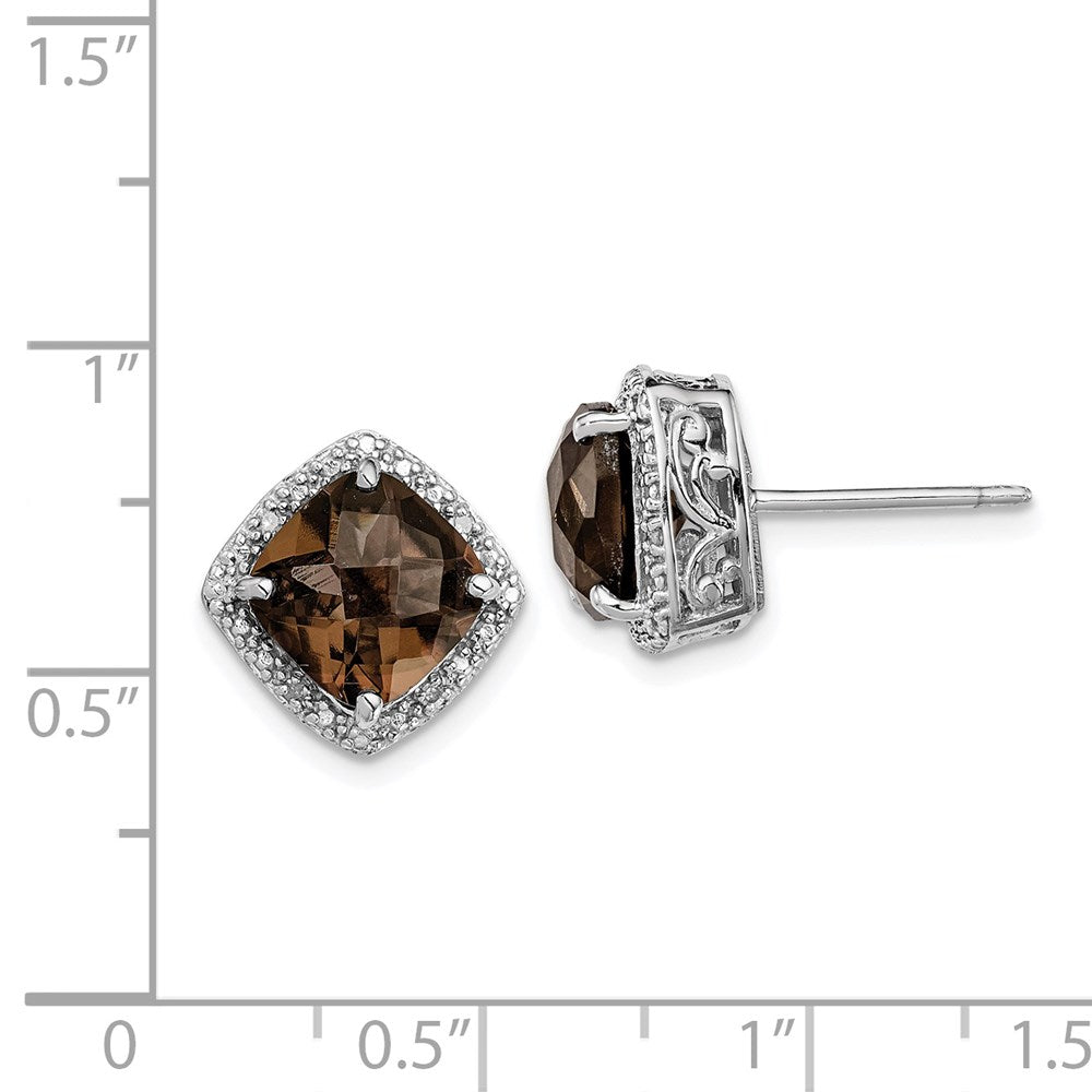 Sterling Silver Rhodium-Plated Smoky Quartz And Diamond Earrings