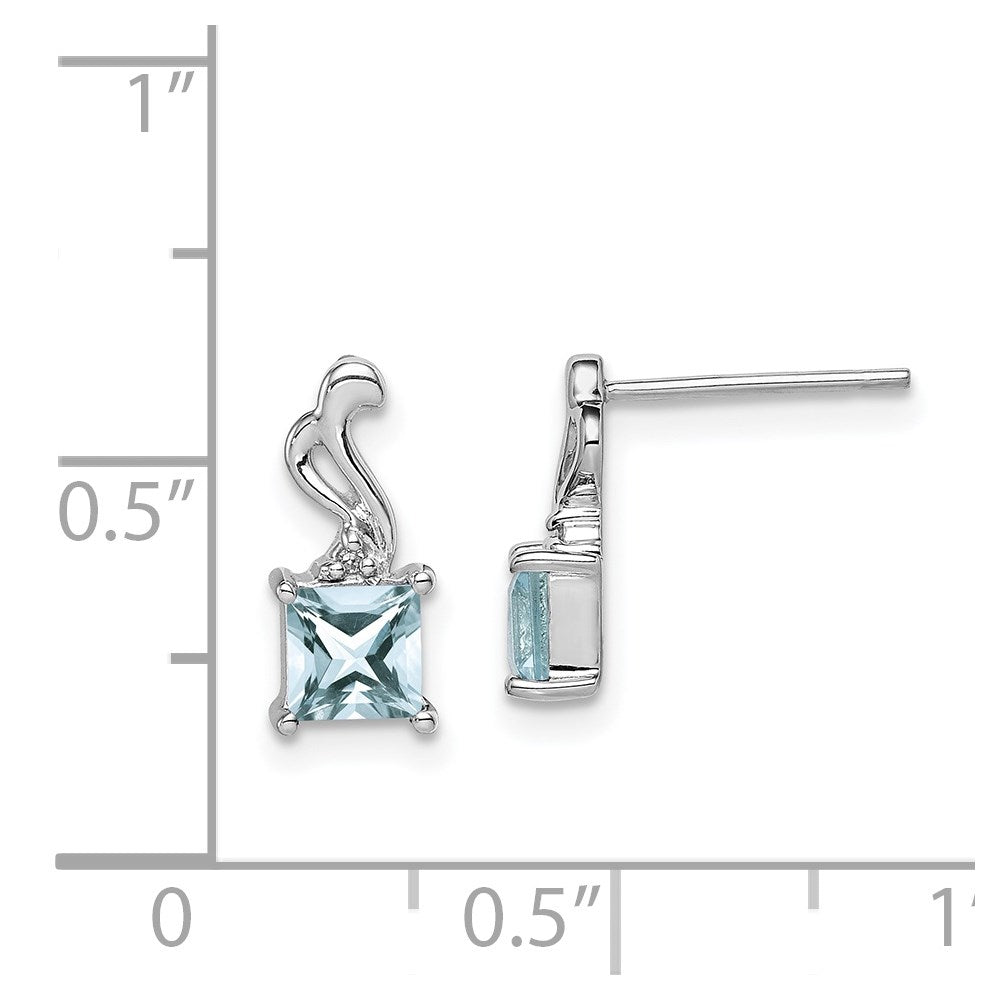 Sterling Silver Rhodium Plated Dia. Aquamarine Square Post Earrings