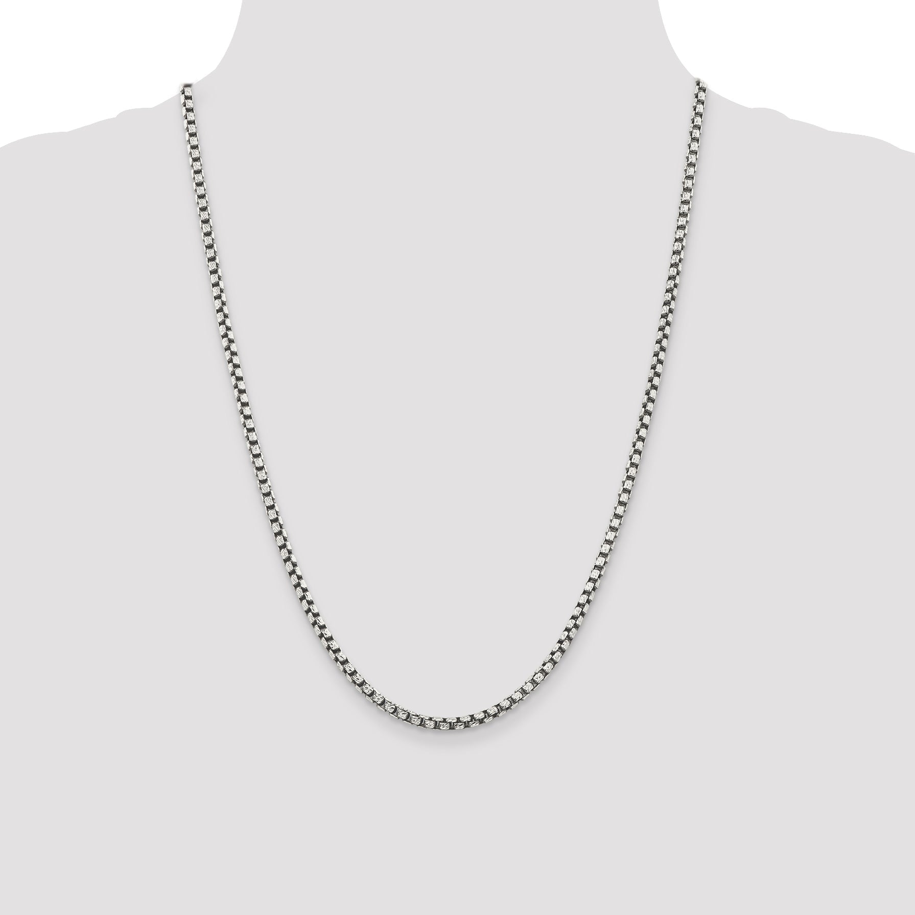 24 Inch Sterling Silver Antiqued 3.5mm D/C Round Box Chain Necklace