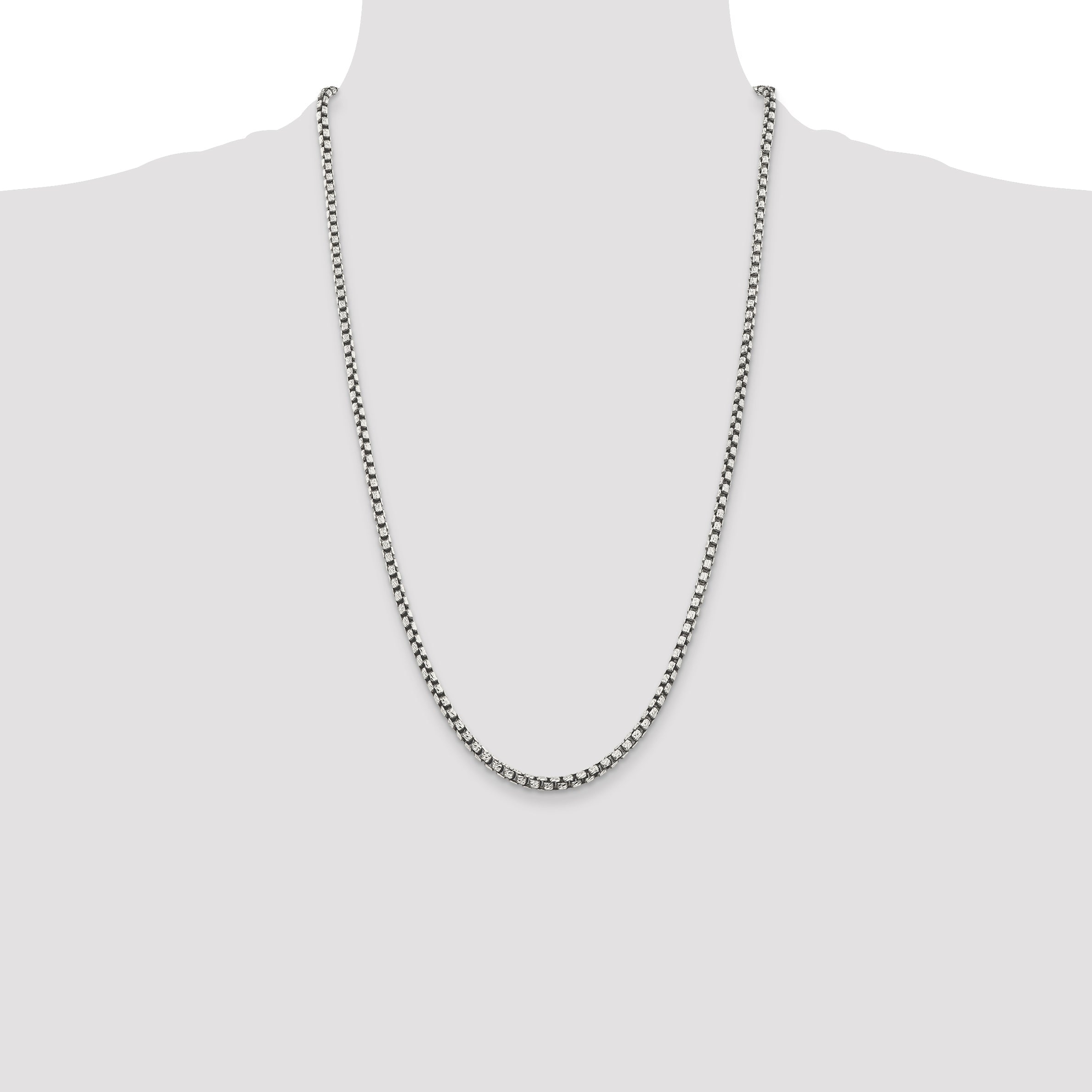26 Inch Sterling Silver Antiqued 3.5mm D/C Round Box Chain Necklace