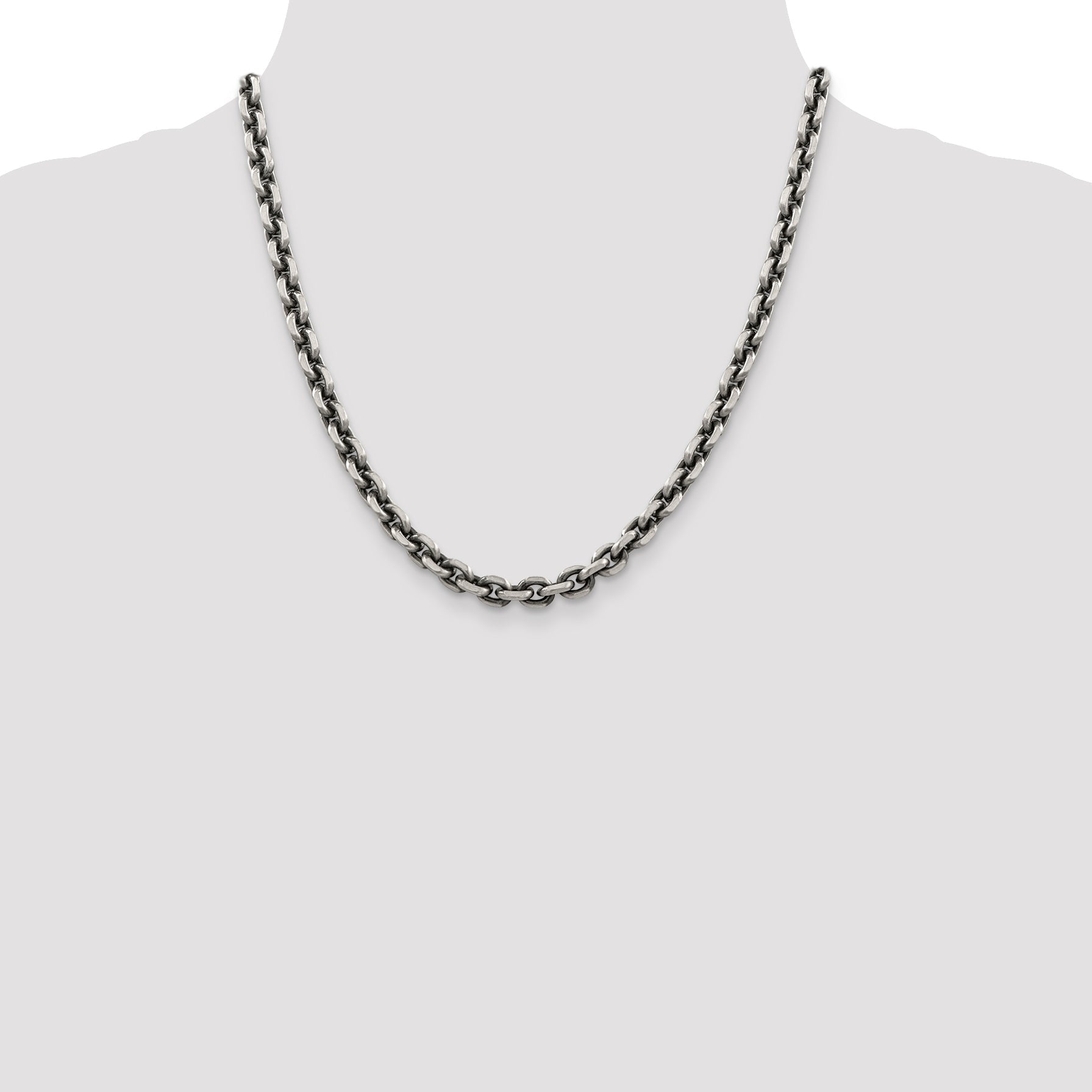 20 Inch Sterling Silver Antiqued 7.0mm D/C Elongated Open Link Chain Necklace