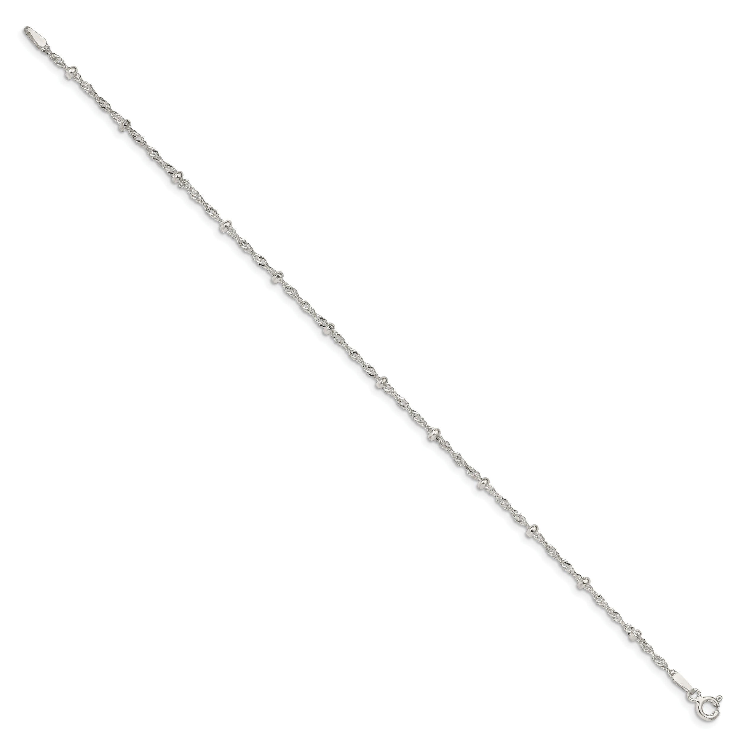 10 Inch Sterling Silver 2.5mm Singapore W/ Beads Chain Anklet