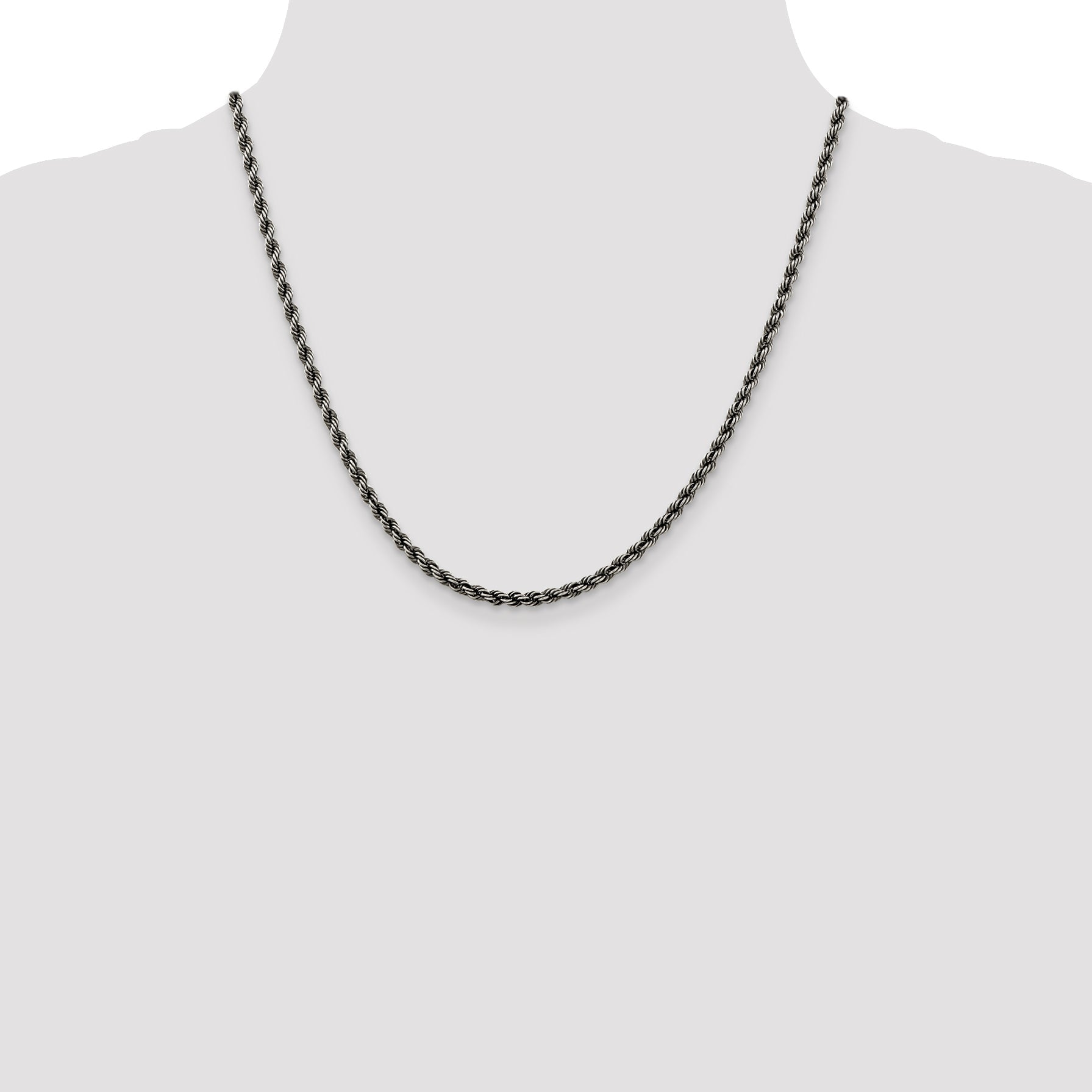 20 Inch Sterling Silver Ruthenium-Plated 3.4mm Rope Chain Necklace