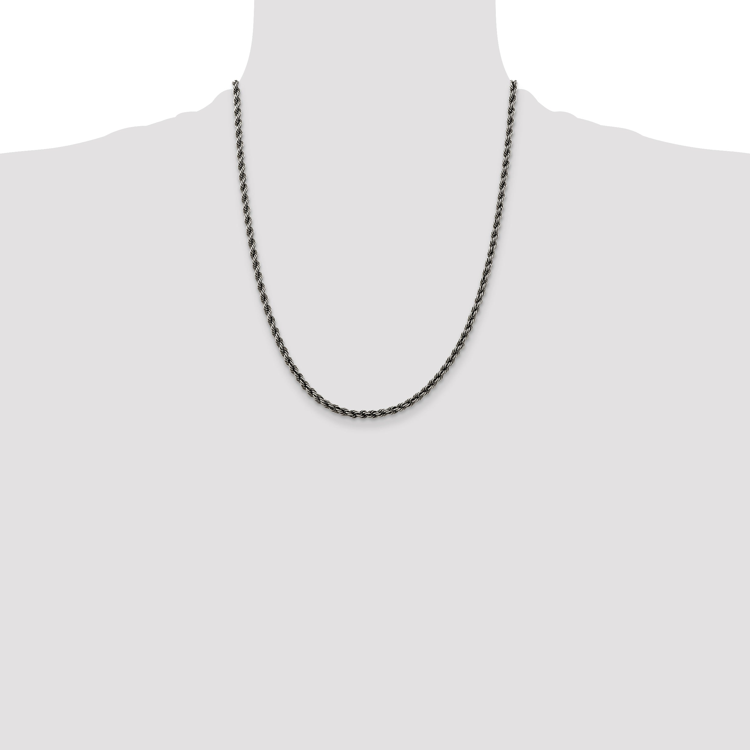 22 Inch Sterling Silver Ruthenium-Plated 3.4mm Rope Chain Necklace