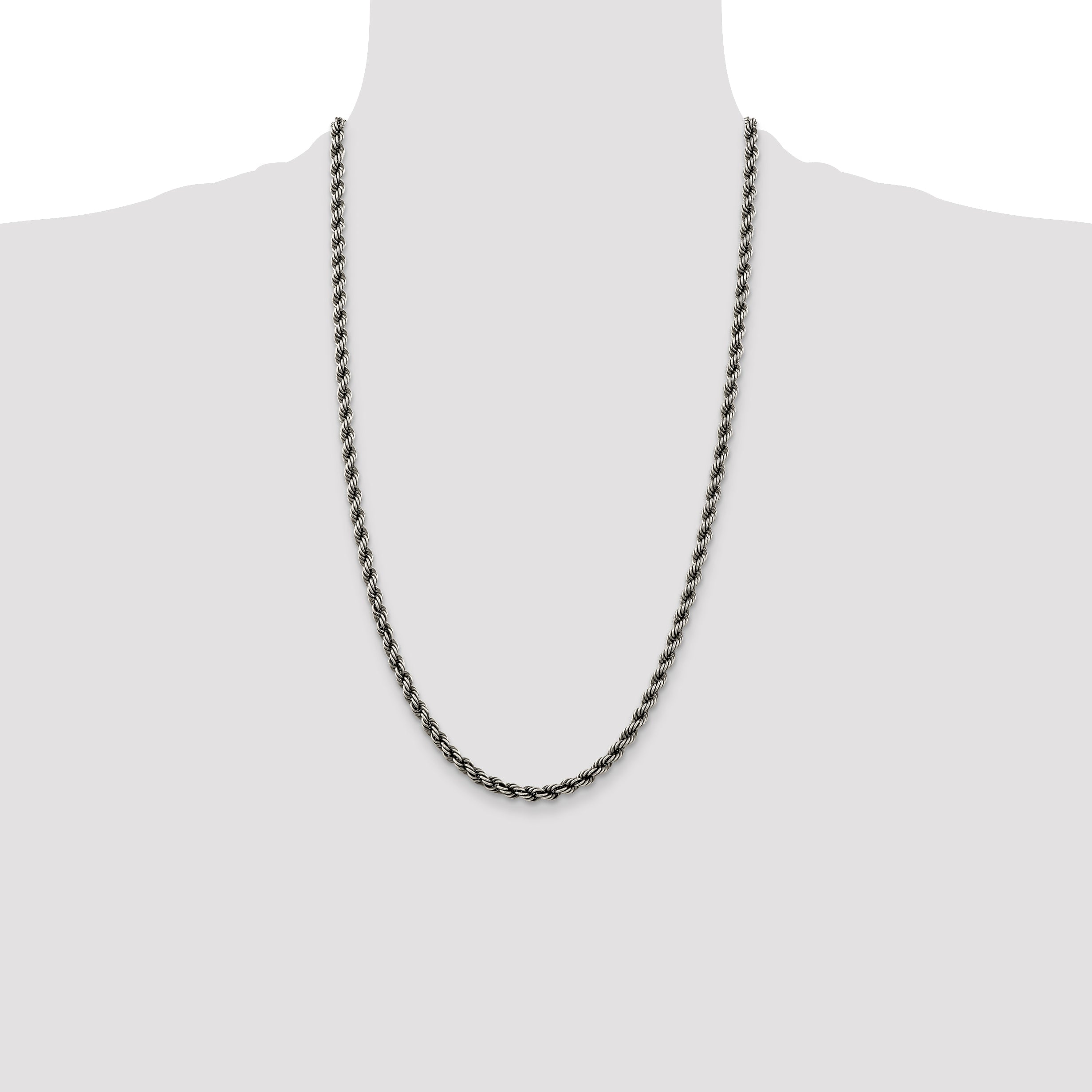 26 Inch Sterling Silver Ruthenium-Plated 4.5mm Rope Chain Necklace