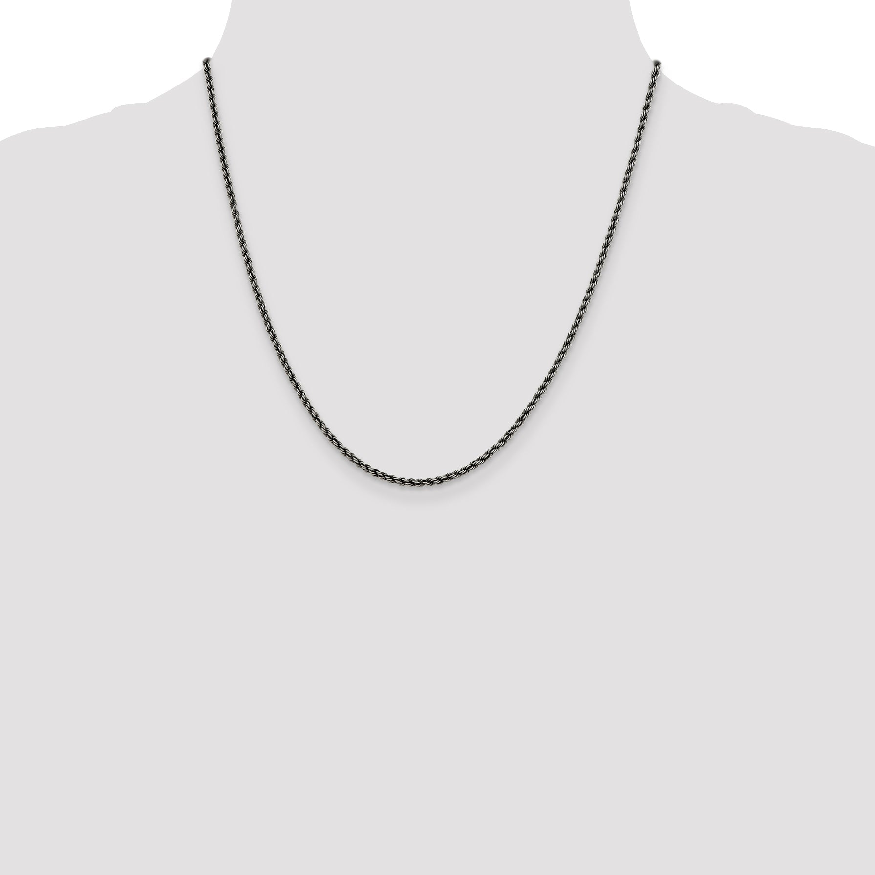 20 Inch Sterling Silver Ruthenium-Plated 2.3mm Rope Chain Necklace