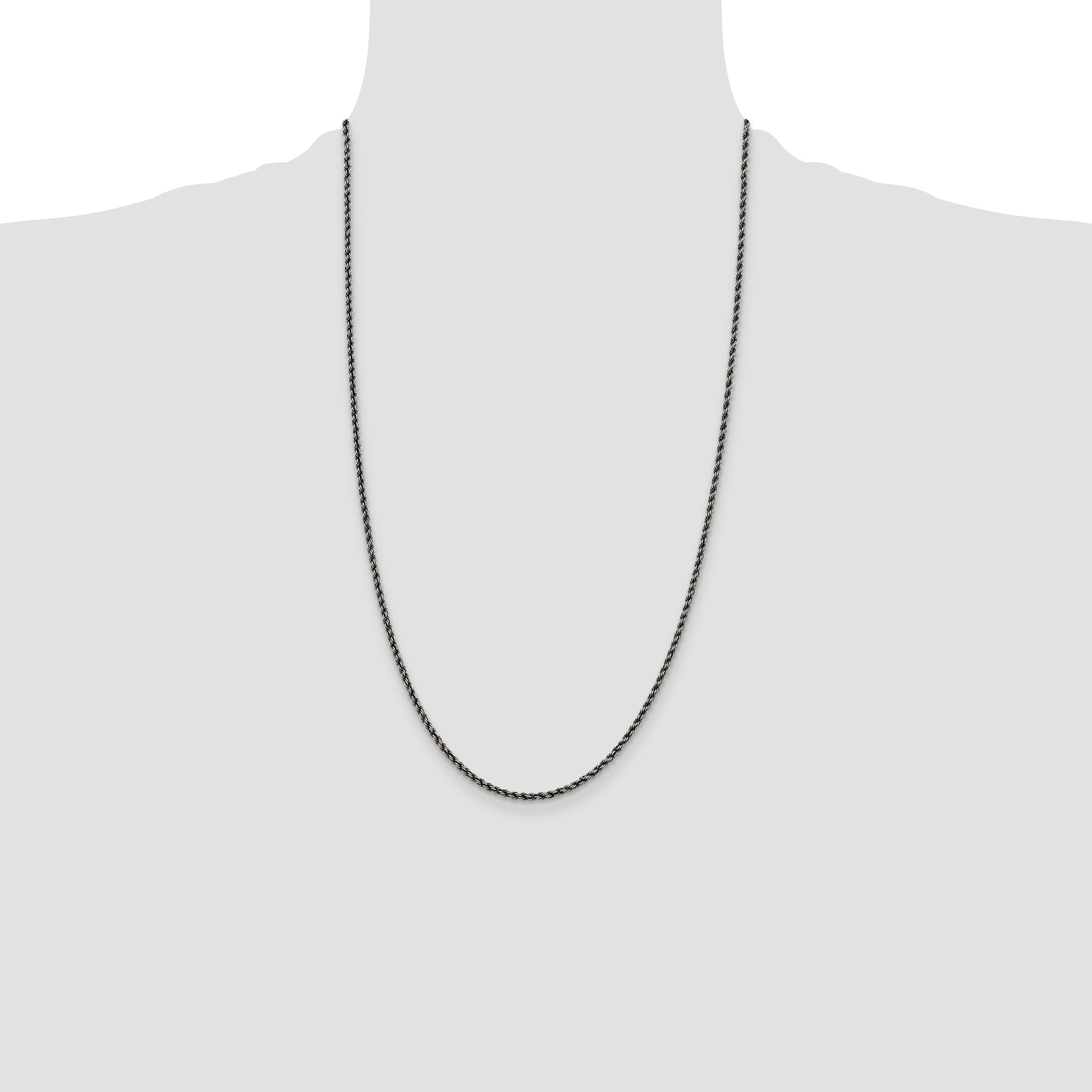 26 Inch Sterling Silver Ruthenium-Plated 2.3mm Rope Chain Necklace