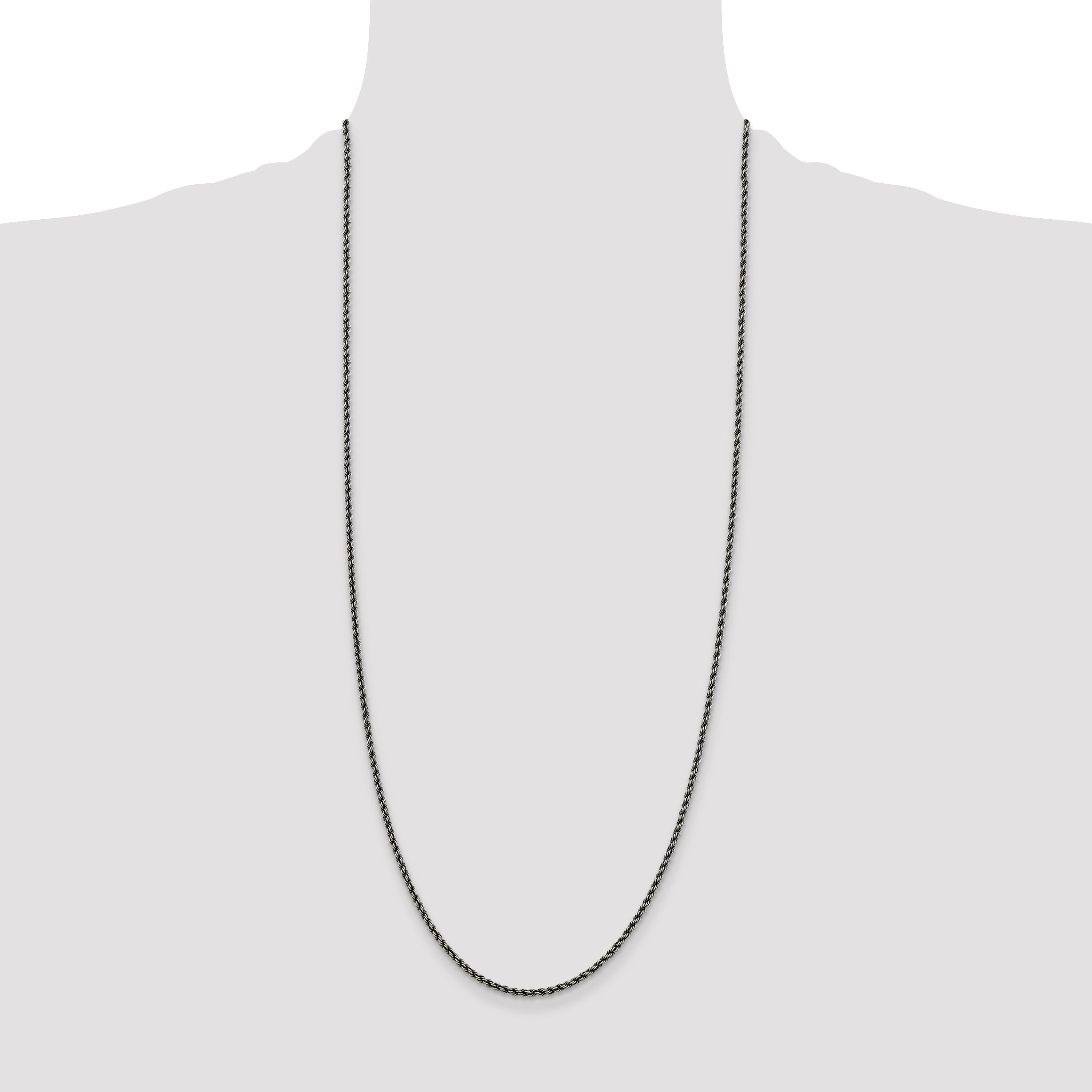 30 Inch Sterling Silver Ruthenium-Plated 2.3mm Rope Chain Necklace