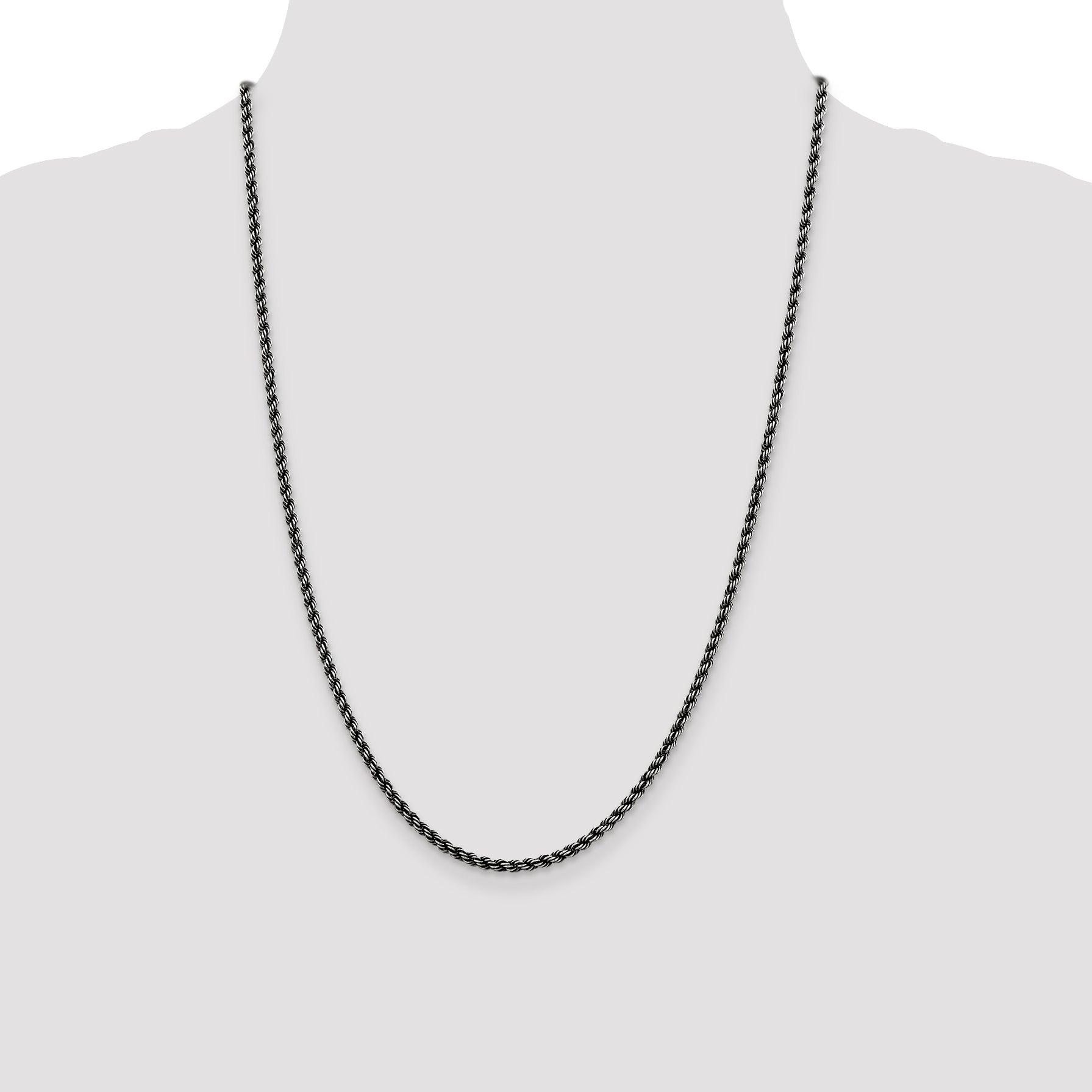 24 Inch Sterling Silver Ruthenium-Plated 2.9mm Rope Chain Necklace
