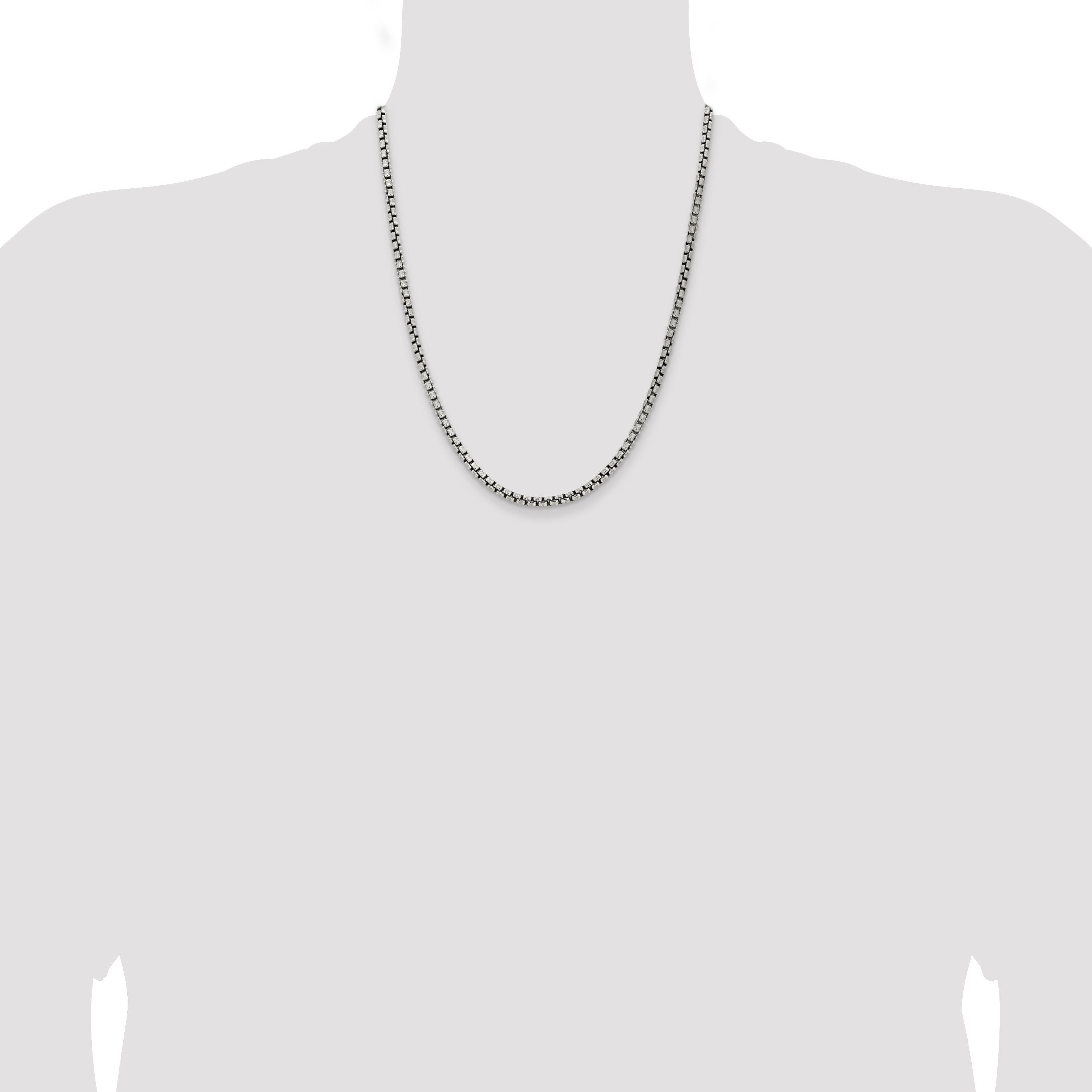 22 Inch Sterling Silver Antiqued 3.6mm Round Box Chain Necklace