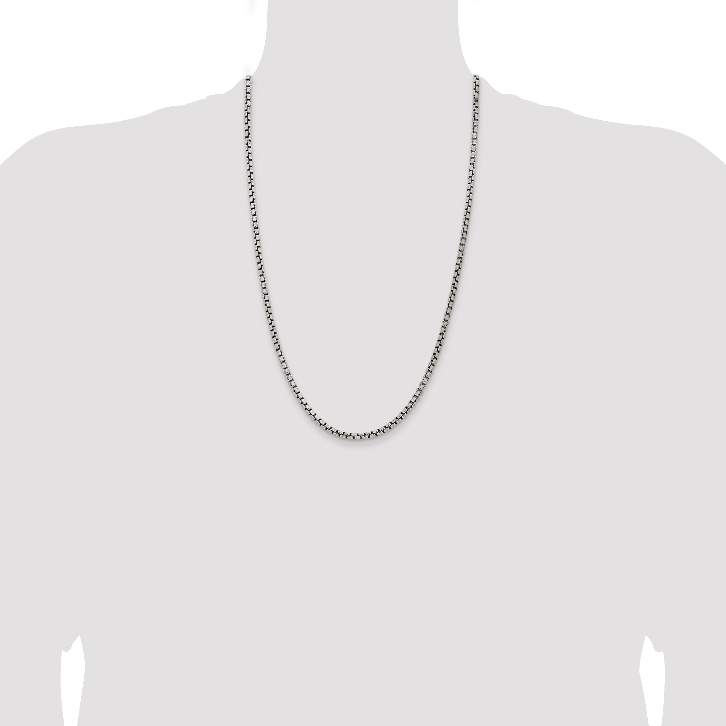 26 Inch Sterling Silver Antiqued 3.6mm Round Box Chain Necklace