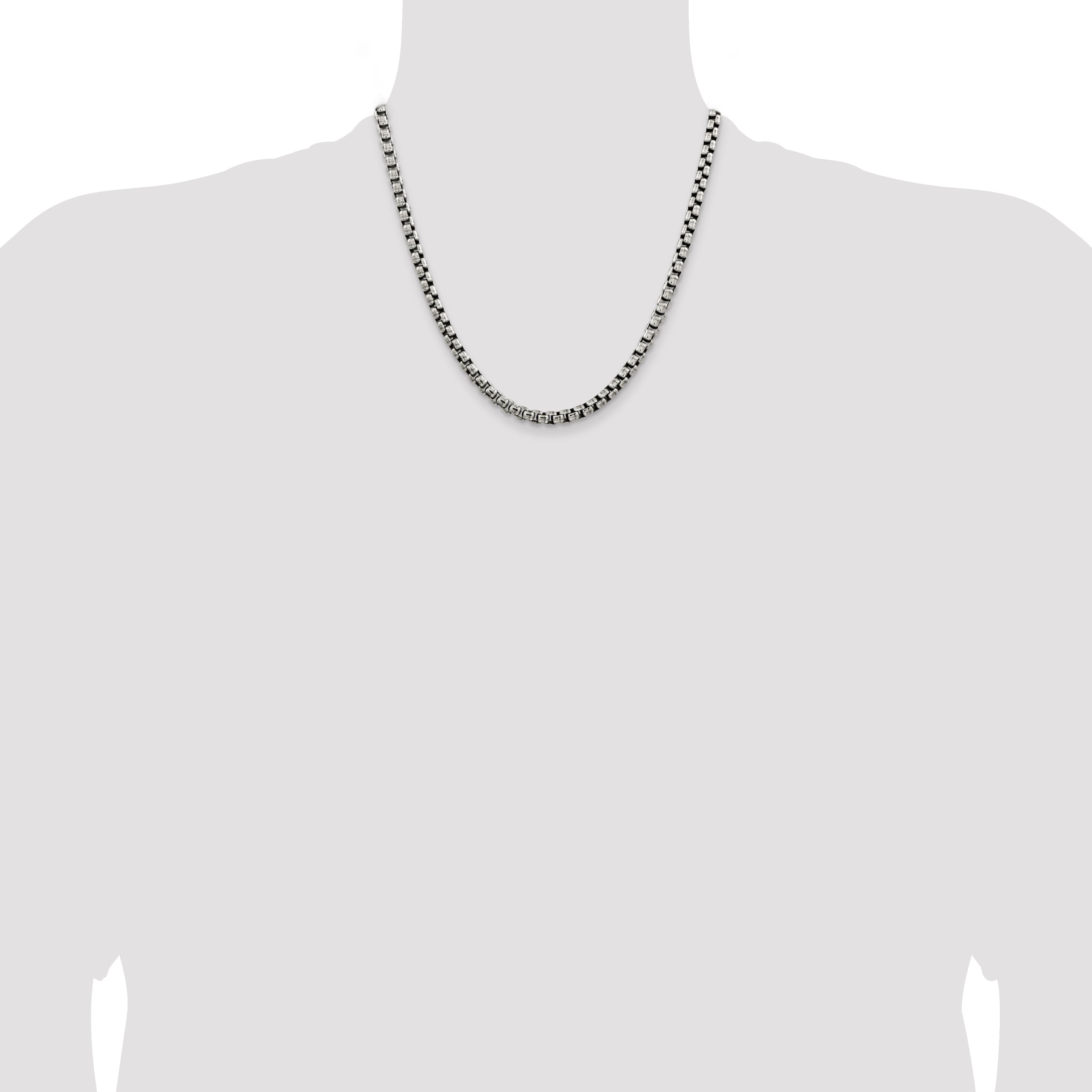 20 Inch Sterling Silver Antiqued 5.2mm Round Box Chain Necklace