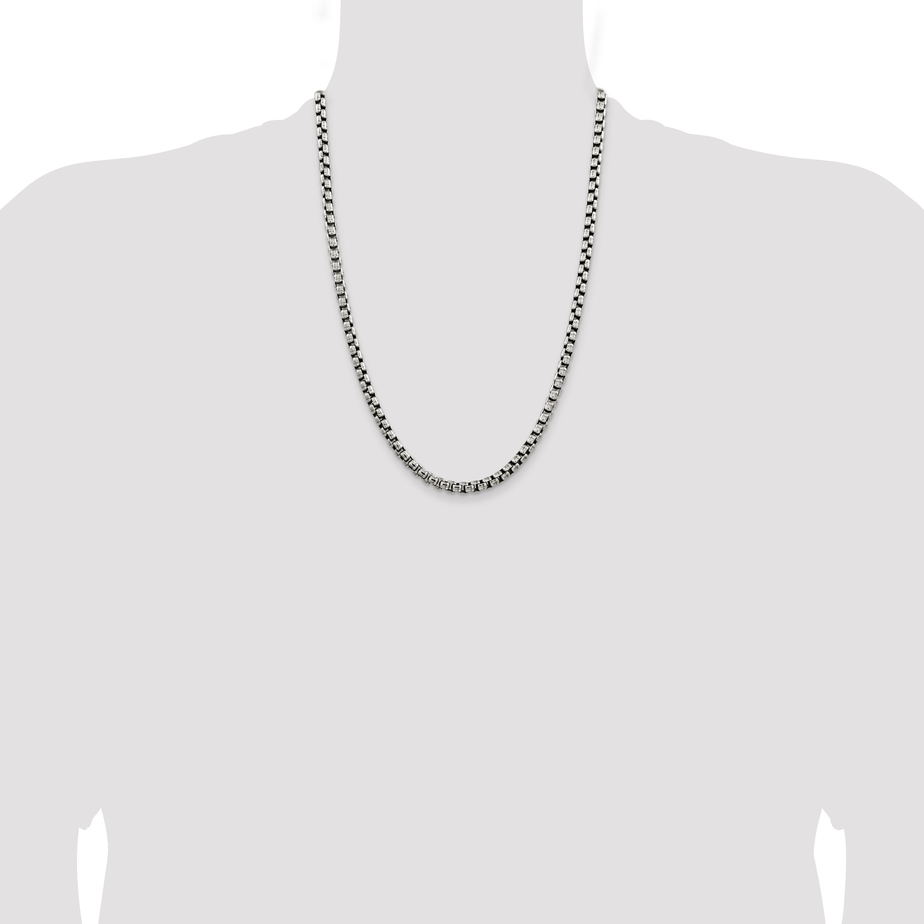 24 Inch Sterling Silver Antiqued 5.2mm Round Box Chain Necklace