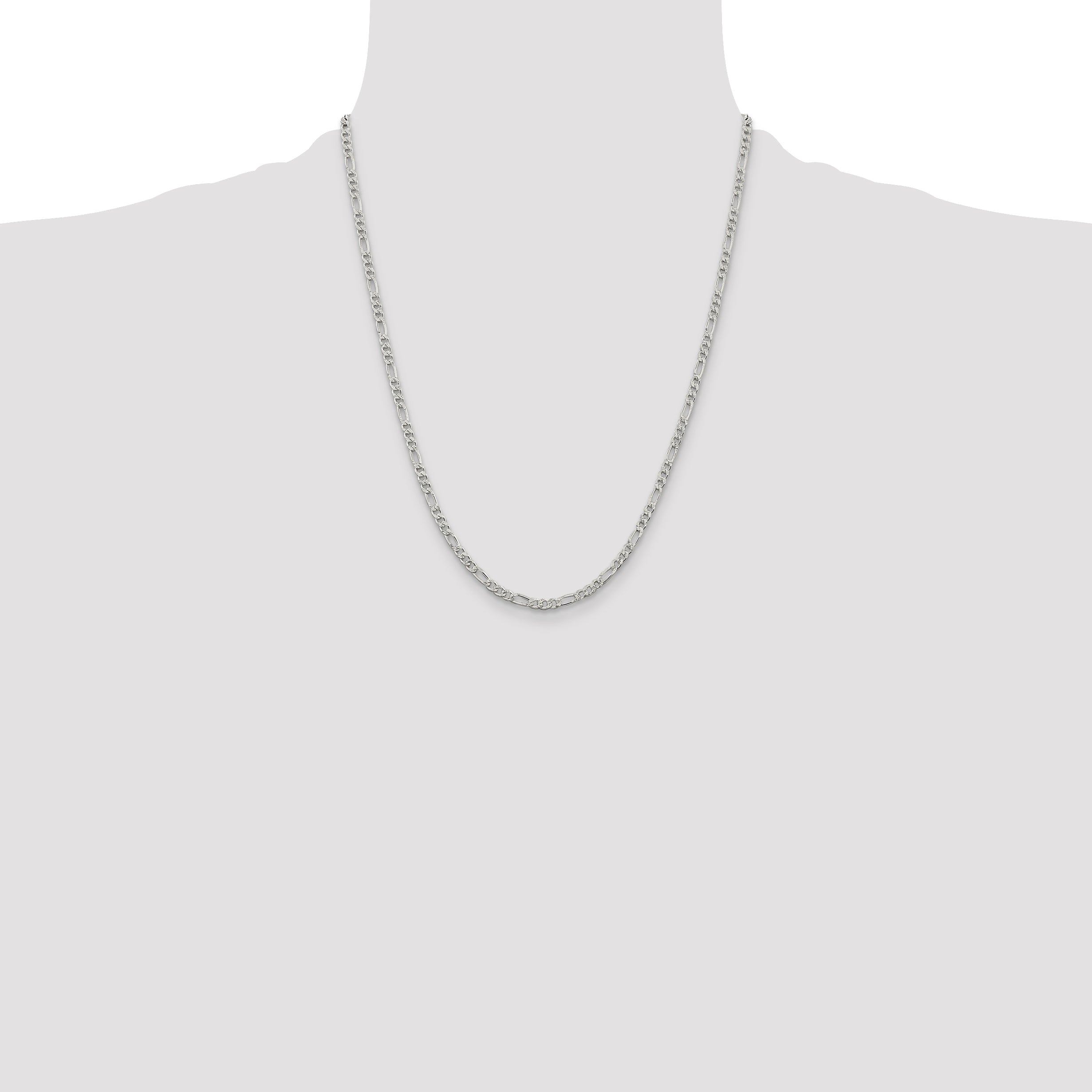 22 Inch Sterling Silver 3mm Pav Flat Figaro Chain Necklace