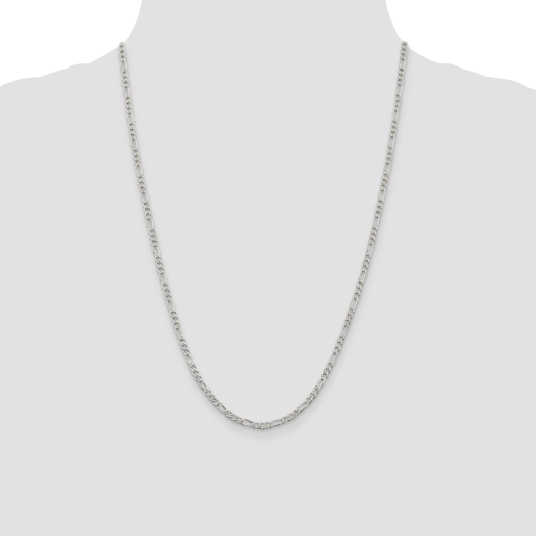 24 Inch Sterling Silver 3mm Pav Flat Figaro Chain Necklace